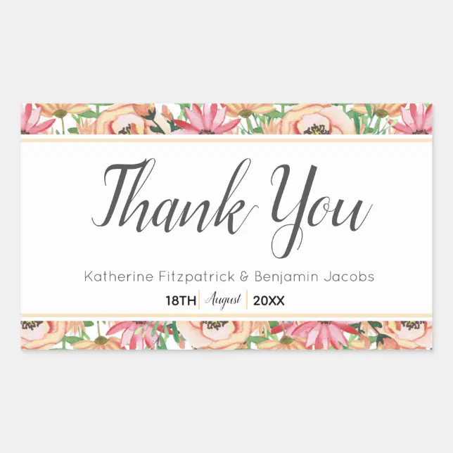 Peach Floral Wedding Thank You Rectangular Sticker | Zazzle
