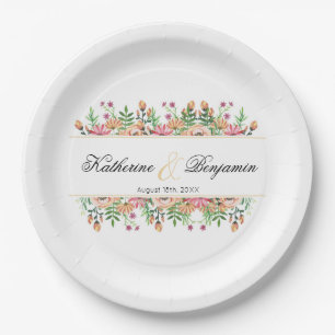 Peach Floral Wedding with name Paper Plates