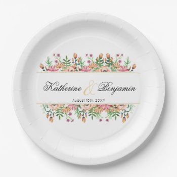 Peach Floral Wedding With Name Paper Plates by capturedbyKC at Zazzle