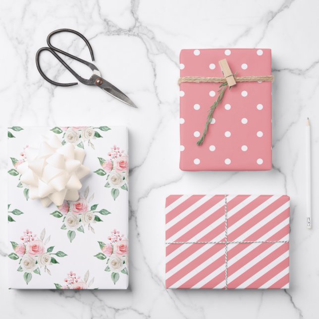 Peach Floral Wedding Wrapping Paper Sheets (Front)
