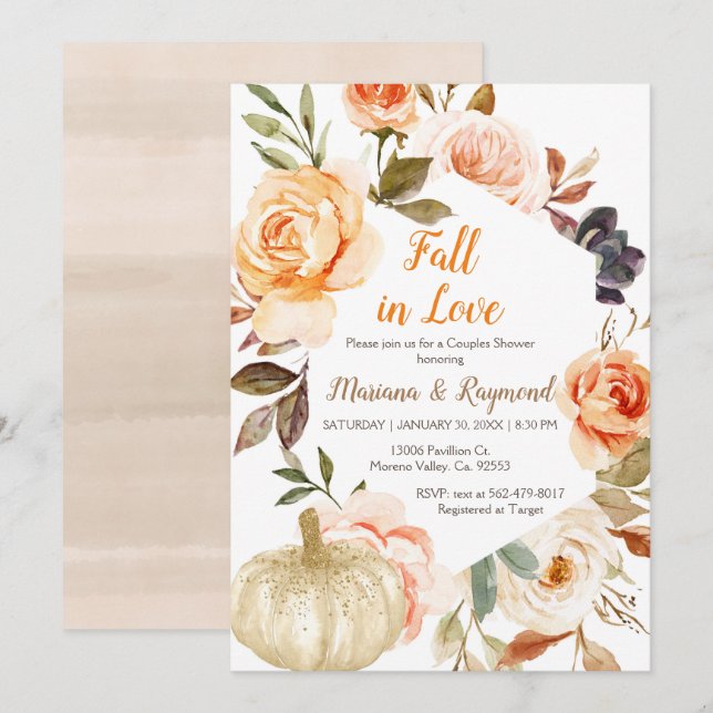 Peach Floral White Glitter Pumpkin Couples Shower  Invitation (Front/Back)