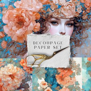 Peach Floral Woman Portrait Furniture Decoupage Wrapping Paper Sheets