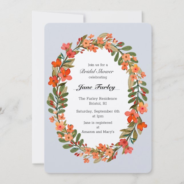 Peach Floral Wreath Bridal Shower Invitation (Front)