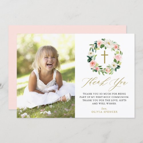 Peach Floral Wreath Photo First Holy Communion Thank You Card