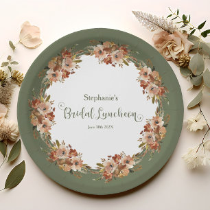 Peach Floral Wreath Sage Green Bridal Luncheon Paper Plates
