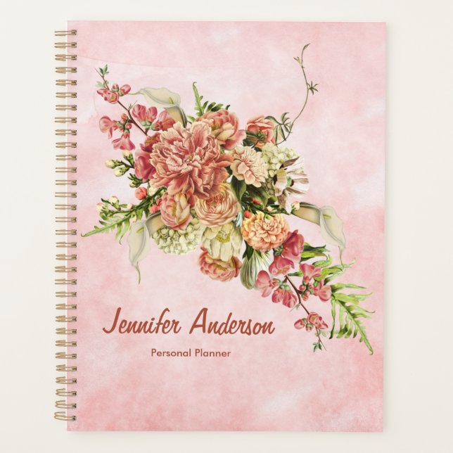 Peach Floral Your Name Daily Weekly Yearly Planner (Front)