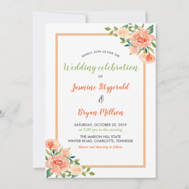 Peach Florals Border | Wedding Invitation (Front)