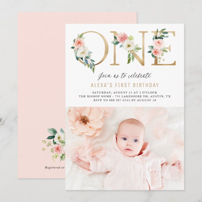 Peach Florals Faux Gold Foil First Birthday Photo Invitation (Front/Back)