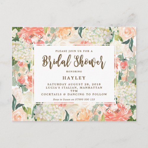 peach florals modern bridal shower invitation