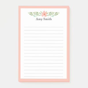 Peach Florals Personalized Lined Post-it Notes