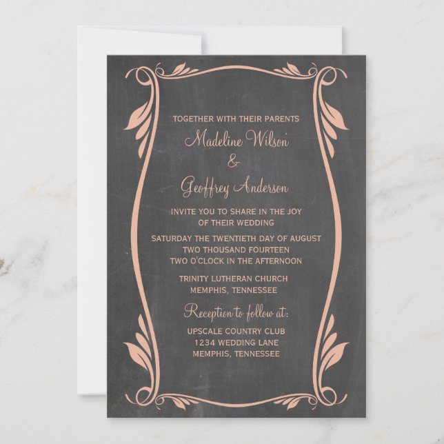Peach Flourish Chalkboard Wedding Invite (Front)