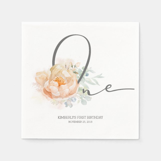 Peach Flower Cute 1st Birthday Party Napkins (Front)