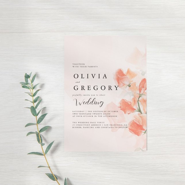 Peach Flower Simple Elegant Wedding  Invitation (Creator Uploaded)