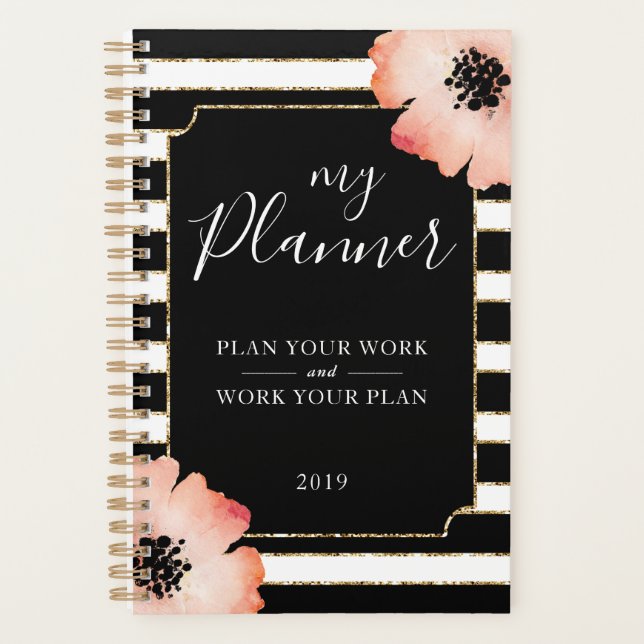 Peach Flower Stripes Black White Gold Planner (Front)