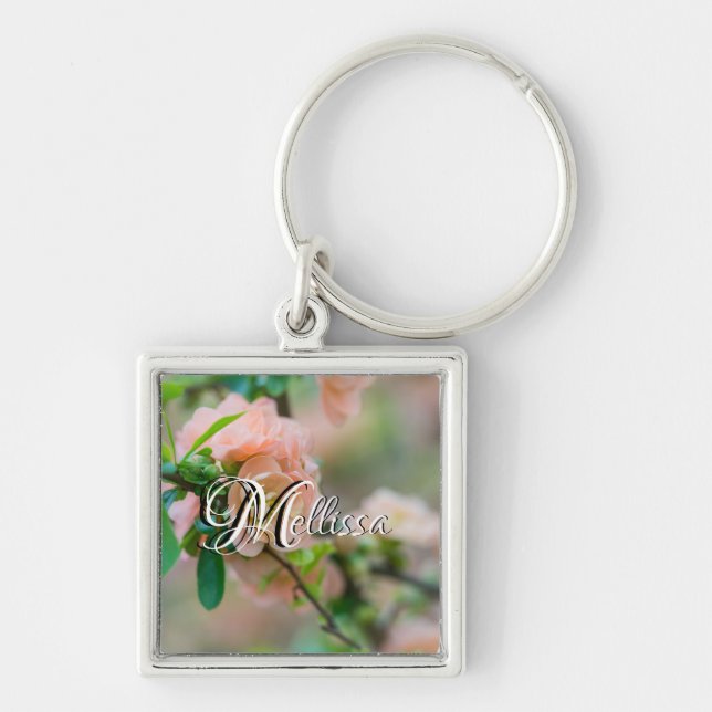 Peach Flowering Quince Square Keychain (Front)