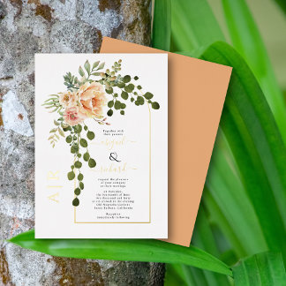 Peach flowers and arch wedding real gold Foil Invitation