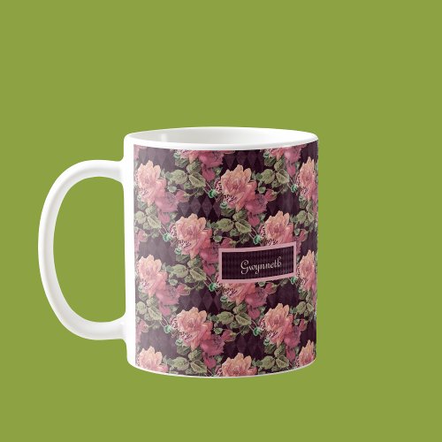 Peach Flowers and Butterfly on Purple Harlequin Coffee Mug