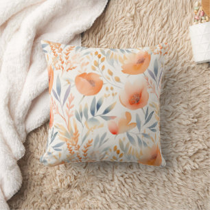 Peach Flowers and Dusty Blue Contemporary Throw Pillow