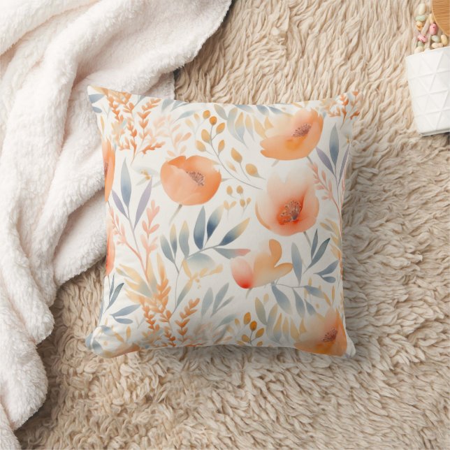 Peach Flowers and Dusty Blue Contemporary Throw Pillow (Blanket)