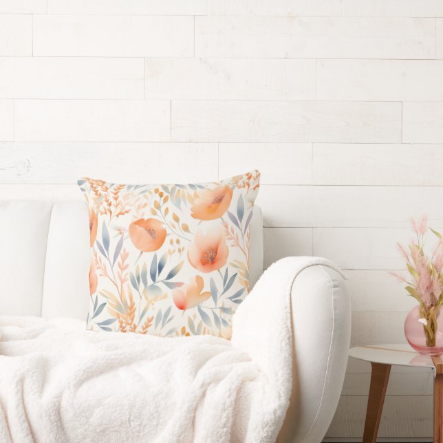 Peach Flowers and Dusty Blue Contemporary Throw Pillow (Couch)