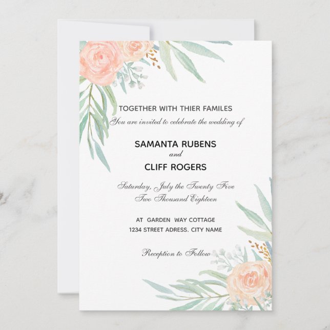 Peach flowers and eucalyptus wedding invitatation invitation (Front)