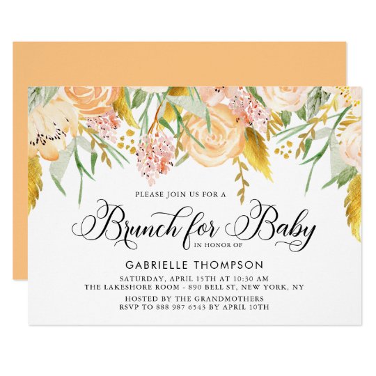 Peach Flowers And Gold Leaves Baby Shower Brunch Invitation Zazzle Com