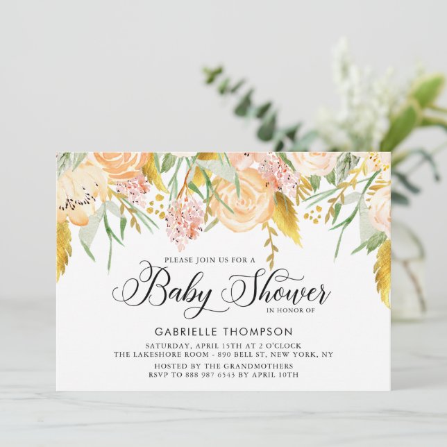 Peach Flowers and Gold Leaves Baby Shower Invitation (Standing Front)