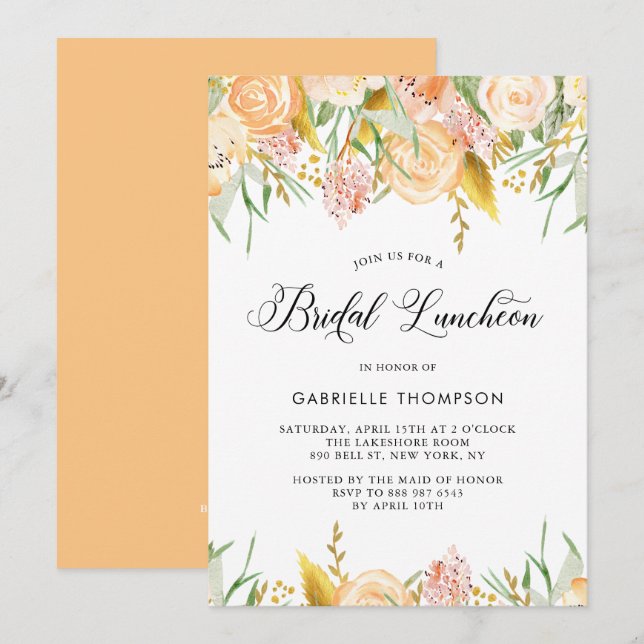 Peach Flowers and Gold Leaves Bridal Luncheon Invitation (Front/Back)