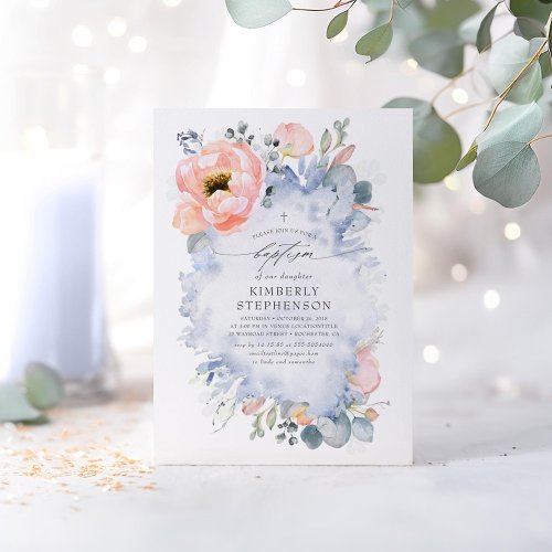 Peach Flowers and Greenery Dusty Blue Baptism Invitation