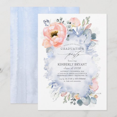 Peach Flowers and Greenery Dusty Blue Graduation