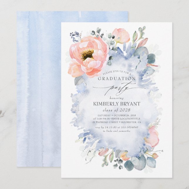 Peach Flowers and Greenery Dusty Blue Graduation Invitation (Front/Back)