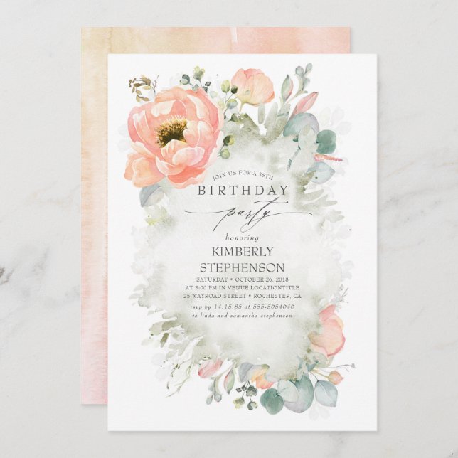Peach Flowers and Greenery Elegant Birthday Invitation (Front/Back)