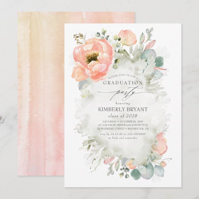 Peach Flowers and Greenery Elegant Graduation Invitation (Front/Back)