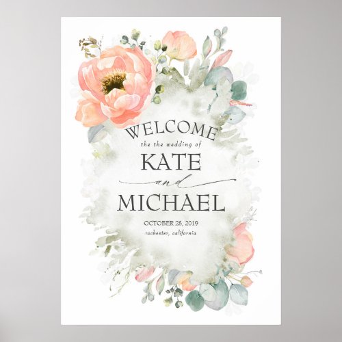Peach Flowers and Greenery Wedding Welcome Poster