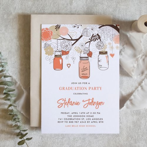 Peach Mason Jars Graduation Party Invitation