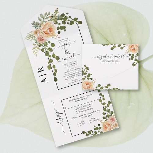 Peach flowers arch and monogram spring wedding all in one invitation