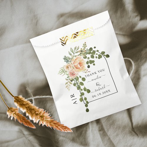 Peach flowers arch and monogram spring wedding favor bag