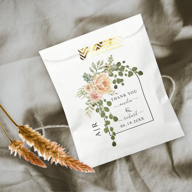 Peach flowers, arch and monogram spring wedding favor bag (Creator Uploaded)