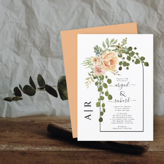 Peach flowers, arch and monogram spring wedding invitation