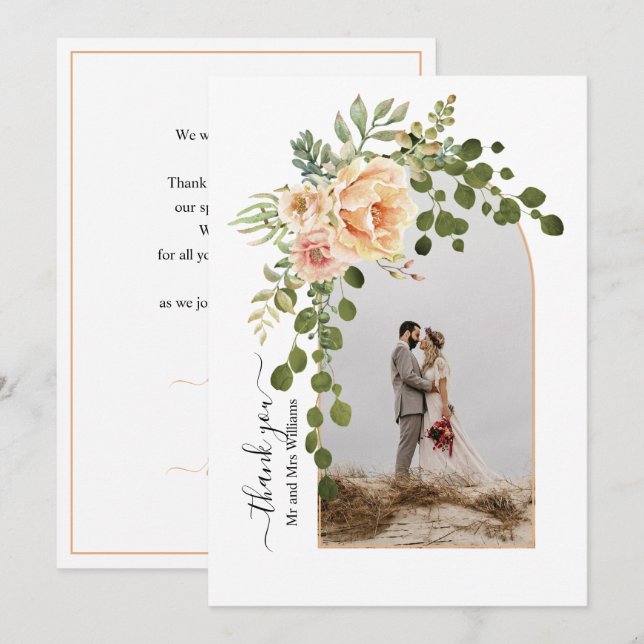 Peach flowers, arch with photo fall wedding thank you card (Front/Back)