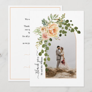 Peach flowers, arch with photo fall wedding thank you card
