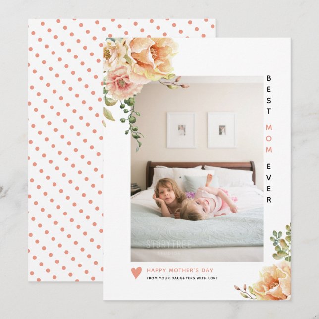 Peach flowers Best Mom Ever Mother's Day photo Holiday Card (Front/Back)
