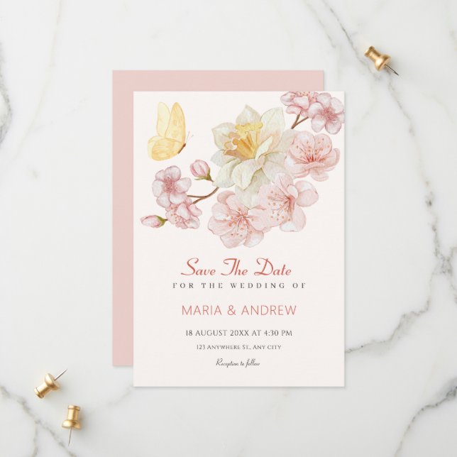 Peach flowers blossom wedding save the date (Front/Back In Situ)