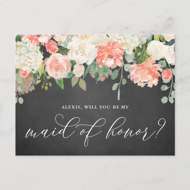 Peach Flowers Chalkboard Be My Maid of Honor Postcard (Front)