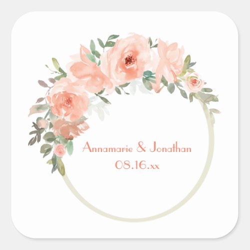 Peach Flowers Circle Frame Wedding Square Sticker