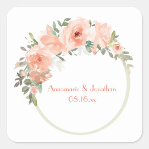 Peach Flowers Circle Frame Wedding Square Sticker