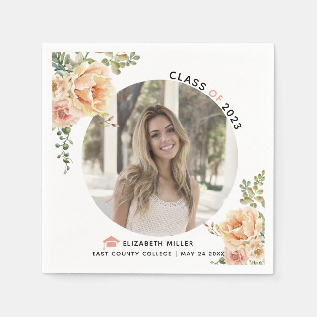 Peach flowers Class of 2022 graduation photo Napkins (Front)