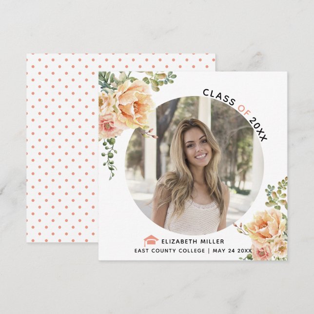 Peach flowers Class of 2025 graduation photo Announcement (Front/Back)