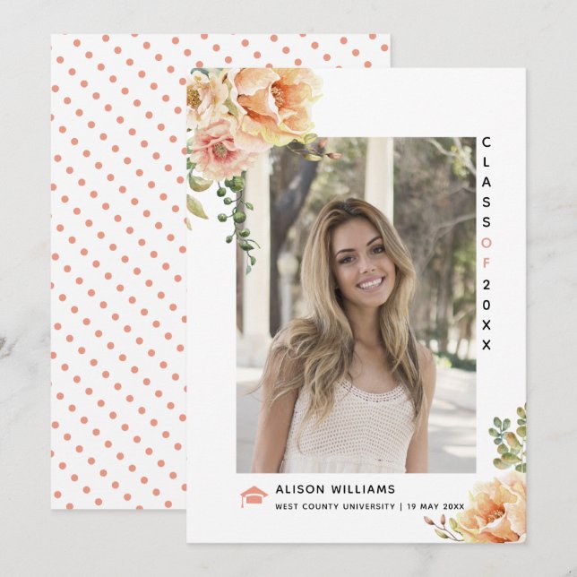 Peach flowers Class of 2026 graduation photo Announcement (Front/Back)