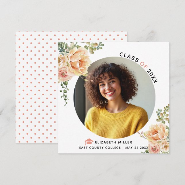 Peach flowers Class of 2026 graduation photo Announcement (Front/Back)